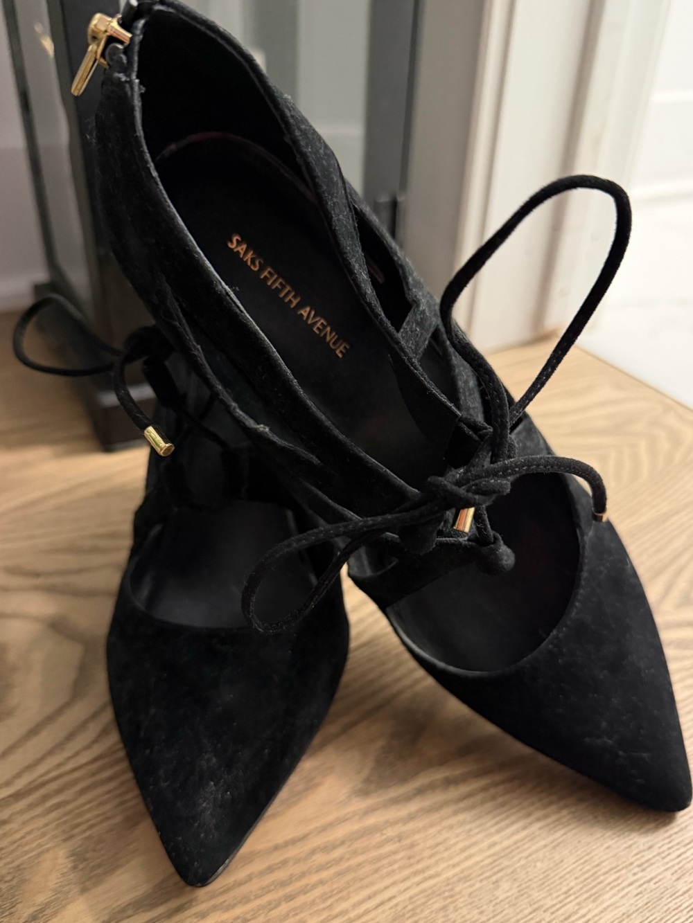 Saks Fifth Avenue Black Suede Pointed Toe Lace-Up Pumps